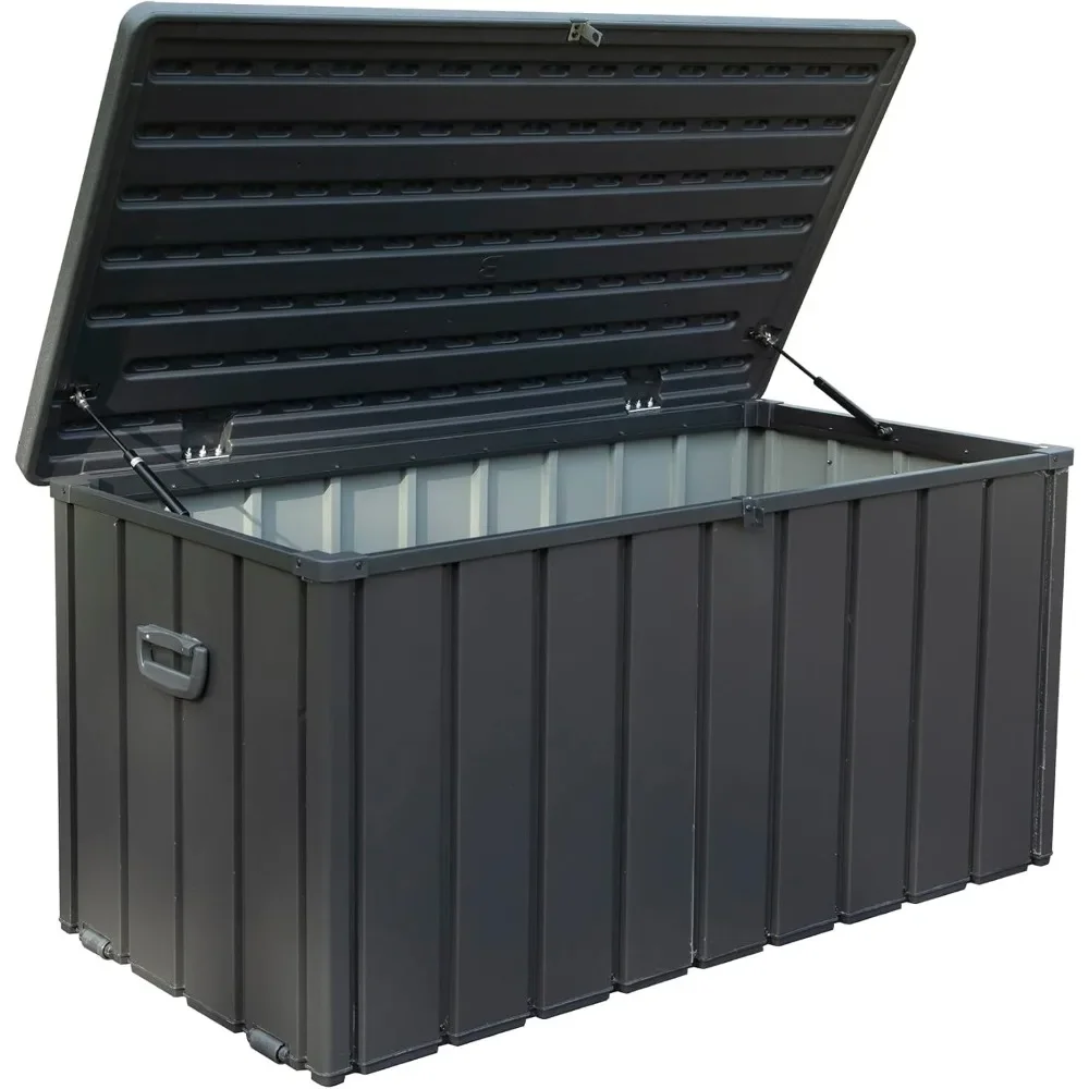 

120 Gallon Deck Box, Terrace Storage Box with Resin Cover, Steel Tool Waterproof Outdoor Storage Container