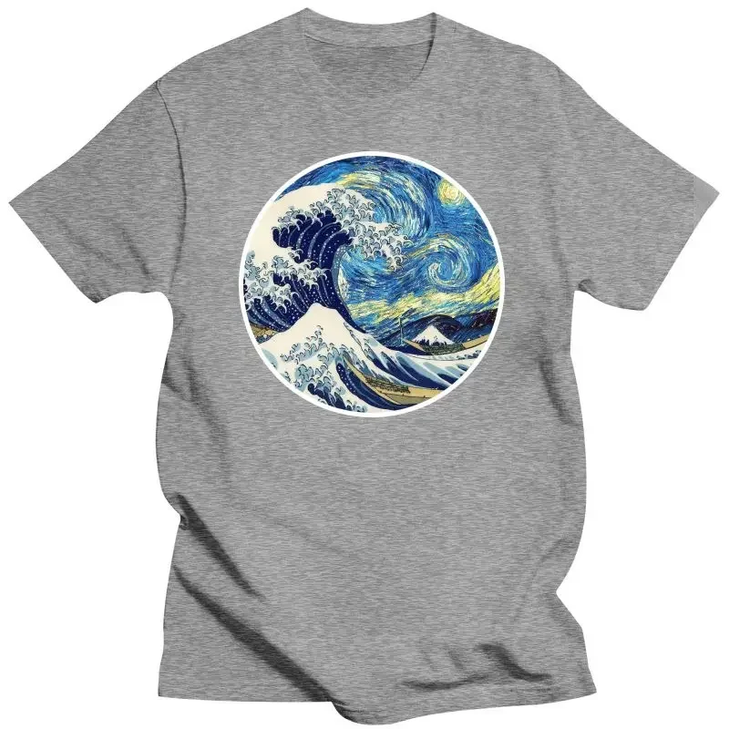 Hokusai Great Wave Off Kanagawa Van Gogh Starry Night Oil T-shirt Harajuku Streetwear The Great Wave On A Starry Night T Shirt