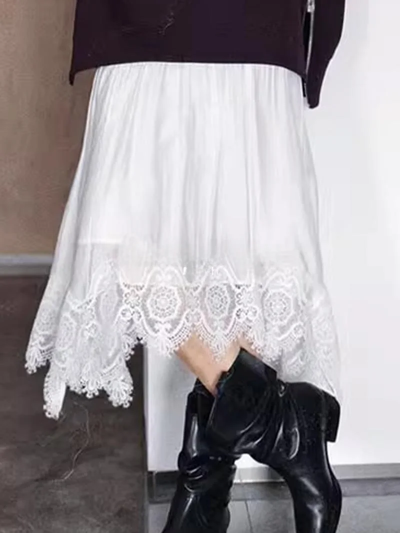 

White Lace Trim A-Line Skirt Women's 2025 New Embroidered Cake Skirt Rouje Kefss Commute Style Four Seasons Cotton