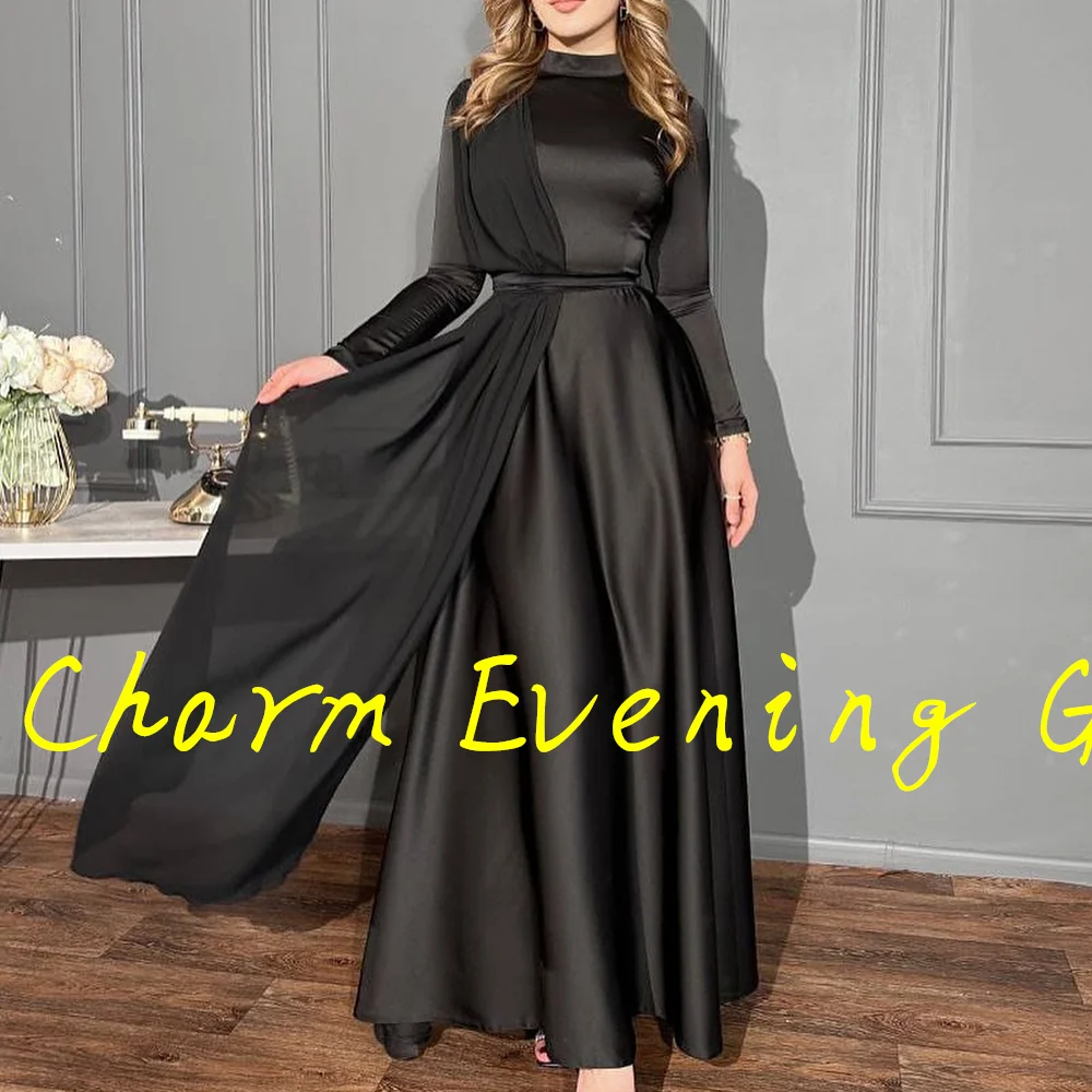 Corte A Hasta el suelo Escote alto Jersey Mangas largas Plisado Vestido de noche Vestido para ocasiones especiales Elegante y temperamento