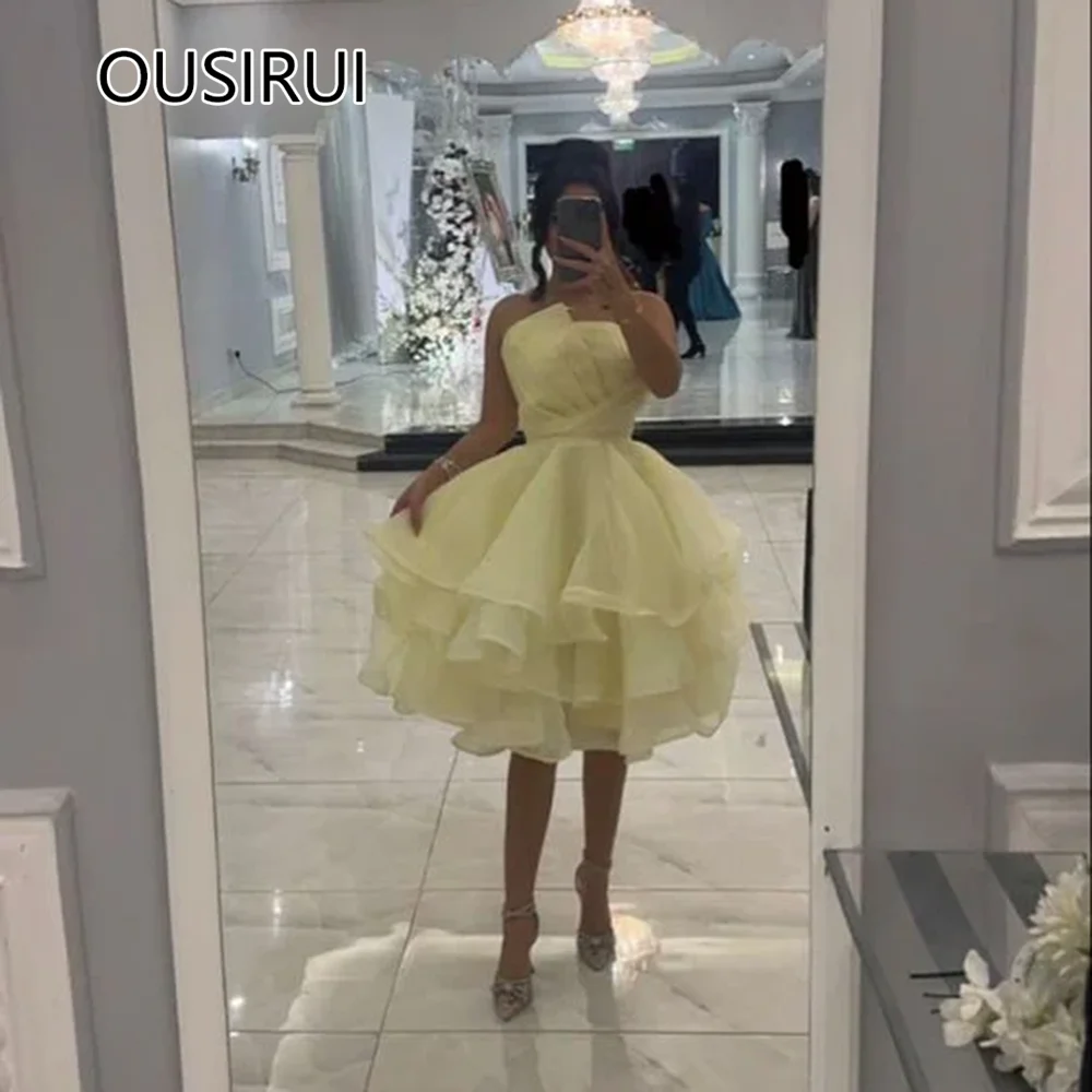 

OUSIRUI Modest Boat Collar Tiered Tulle Formal Prom Dress A-line Short Mini Backless Performance Prom Gown vestidos de festa