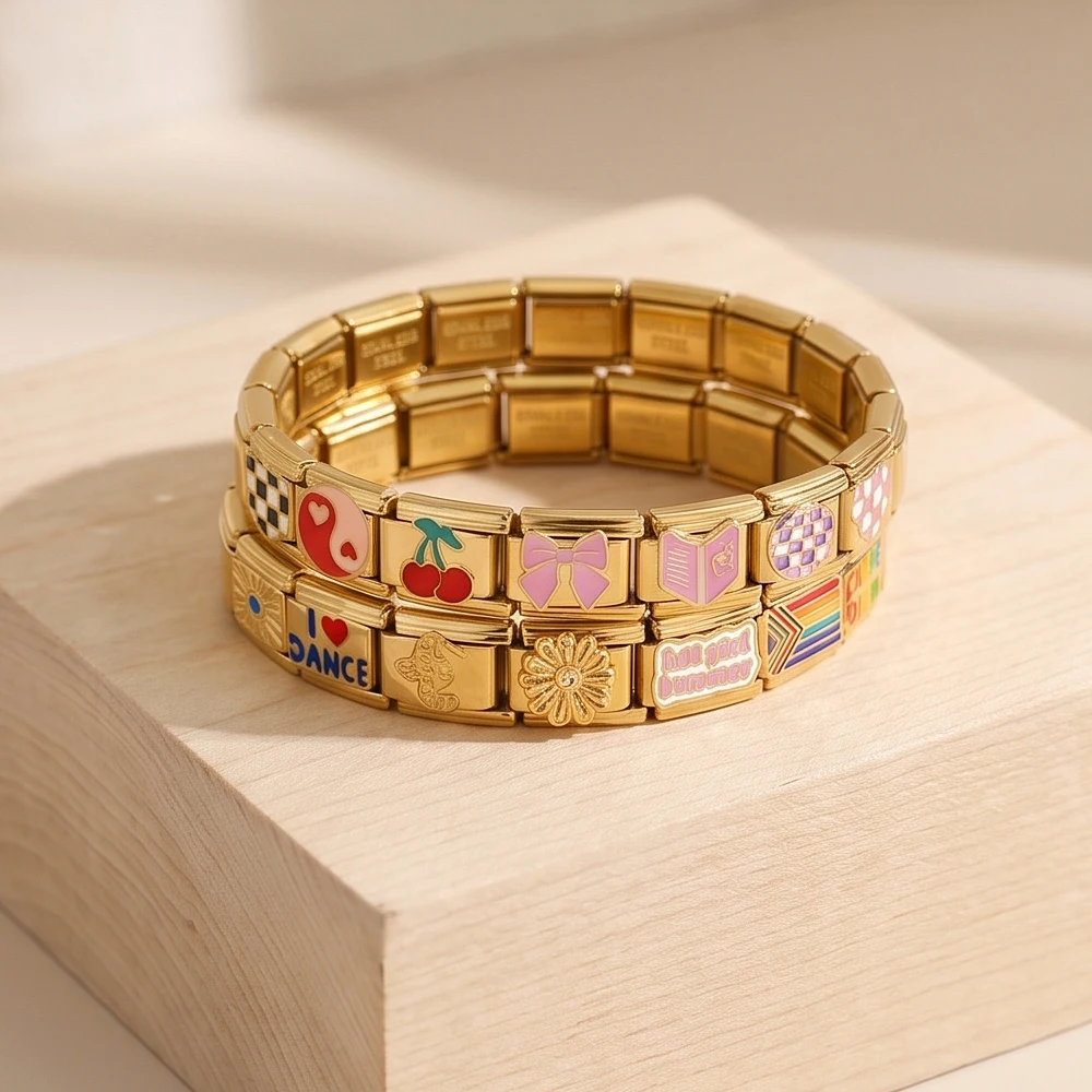 1 Stück Goldfarbenes Tägliches Zierliches Kirsch-Regenbogen-Herz Rosa Schleife Italienisches Gliederarmband für 9mm Armbänder DIY Perlen Edelstahl Schmuck – Detail 3