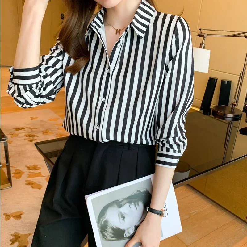 Fashion Women\'s Shirt 2024 Black and White Striped Tops for Women Versatile Polo Neck Clothing Long Sleeve Woman Basic Shirts OL