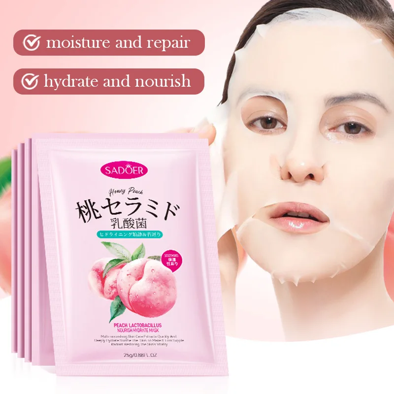 5pcs SADOER Peach Lactobacillus Face Mask Moisturizing Brightening Hydrating Nourishing Firming Facial Masks for Face Skin Care