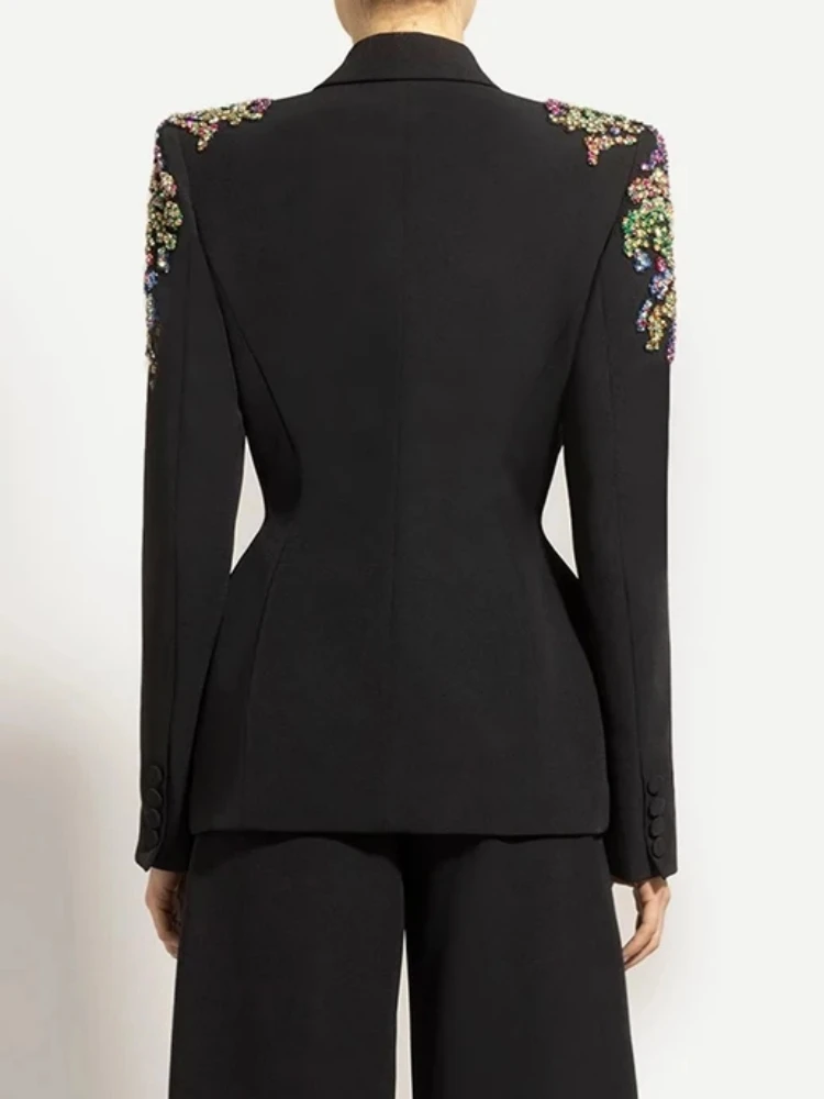 Seksowna marynarka damska z dekoltem w serek, luksusowymi cekinami i koralikami, dopasowana, czarna, z długimi rękawami, zapinana na jeden guzik, elegancka odzież wierzchnia na wieczorne przyjęcia.