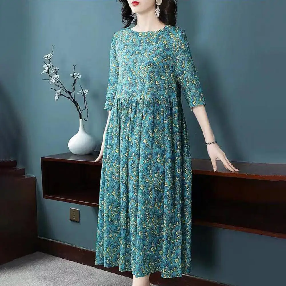 Loose Fit Dress Elegant Floral Print A-line Midi Dress with Half Sleeves Round Neck for Plus Size Women for Dating Commuting