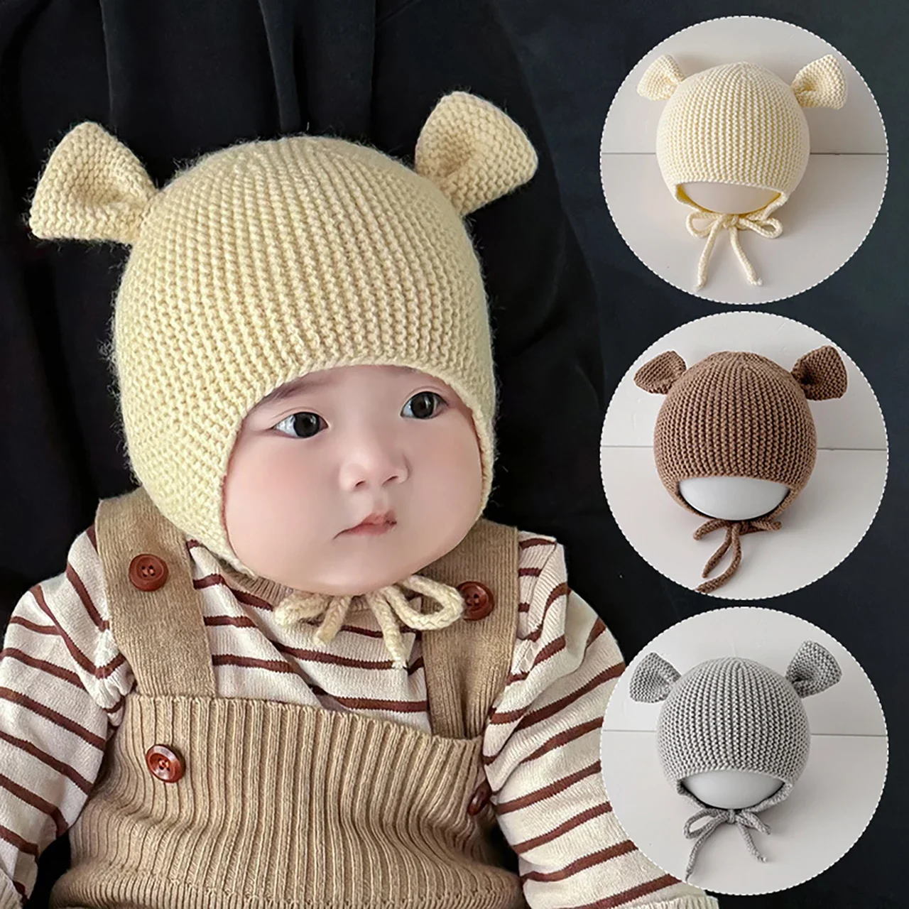 

Милая детская шапка с ушками, зимняя теплая вязаная шапочка для защиты ушей для малышей, однотонная вязаная крючком шапочка со шнуровкой для мальчиков и девочек