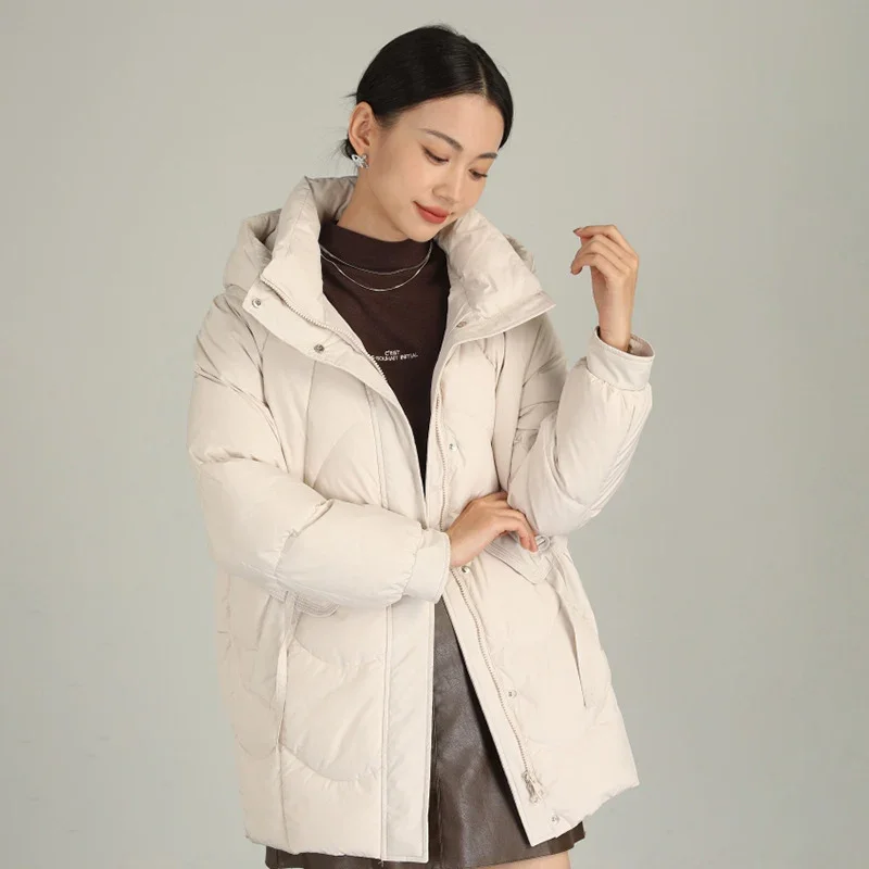 Schinteon-Chaqueta de plumón con capucha para mujer, prendas de vestir gruesas y cálidas, abrigo informal holgado de talla grande con plumón de pato blanco, novedad de 2024