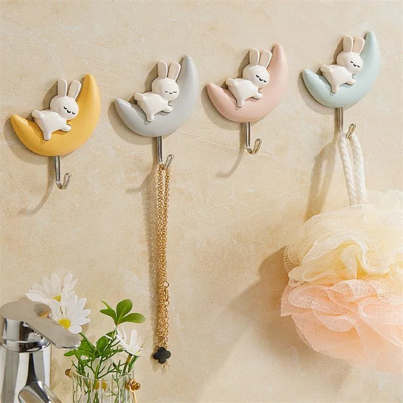 2PCS Cartoon Moon Rabbit Self-adhesive Hooks Bedroom Bathroom Water Proof Punch-free Wall Hanging Cute Bunny Wall Hanging Hooks