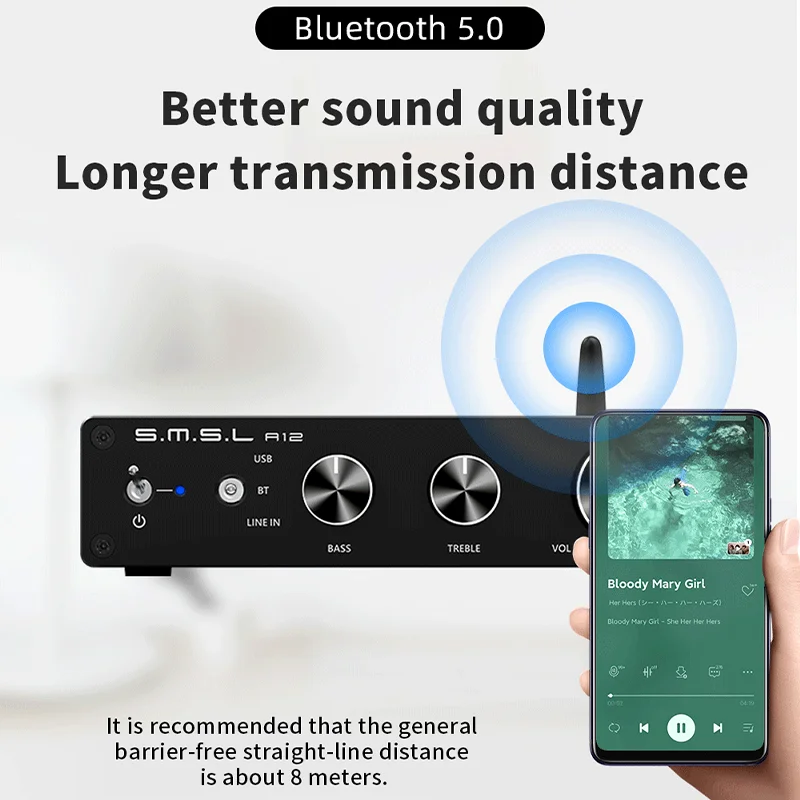 SMSL A12 Hifi Sound Class D Audio Digtal Power Amplifier With Bluetooth Stereo Amp Treble & Bass For Home Theater Speakers