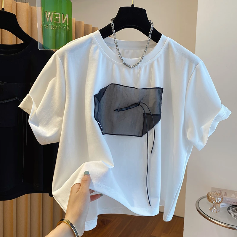 Korean Style Short Sleeve Loose T-shirts Casual Women Niche Design Spliced Casual Versatile Tee Tops 2024 New