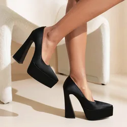 2023  Autumn Women 14cm High Heel Shoes Platform Square High Heel Ladies Pumps Microfiber Pointed Toe Shallow Women's Shoes