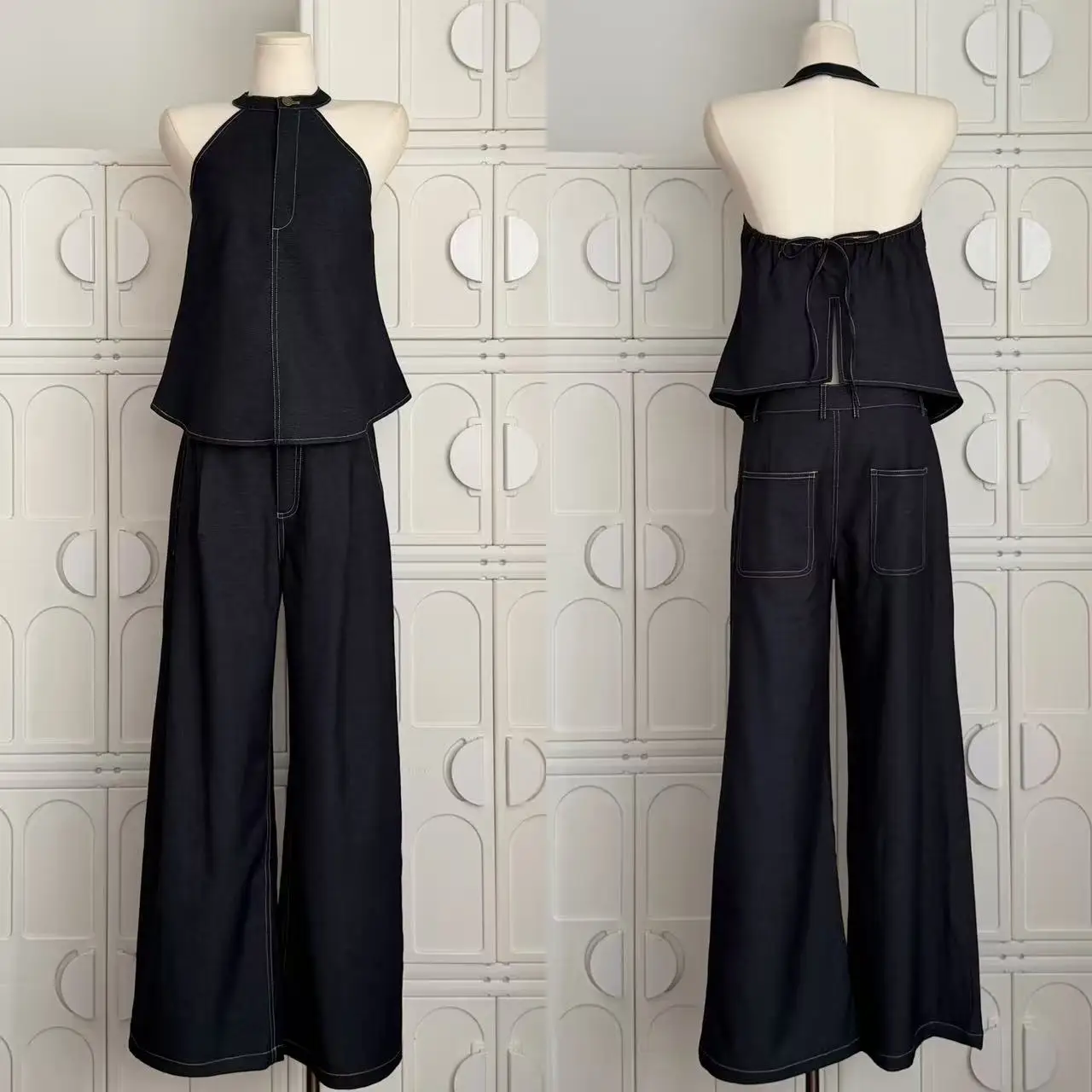 

Women's Summer Streetwear Sexy Denim Two Pieces Long Pants Set Lady Backless Halterneck Tank Top + High Waist Wide Leg Jeans