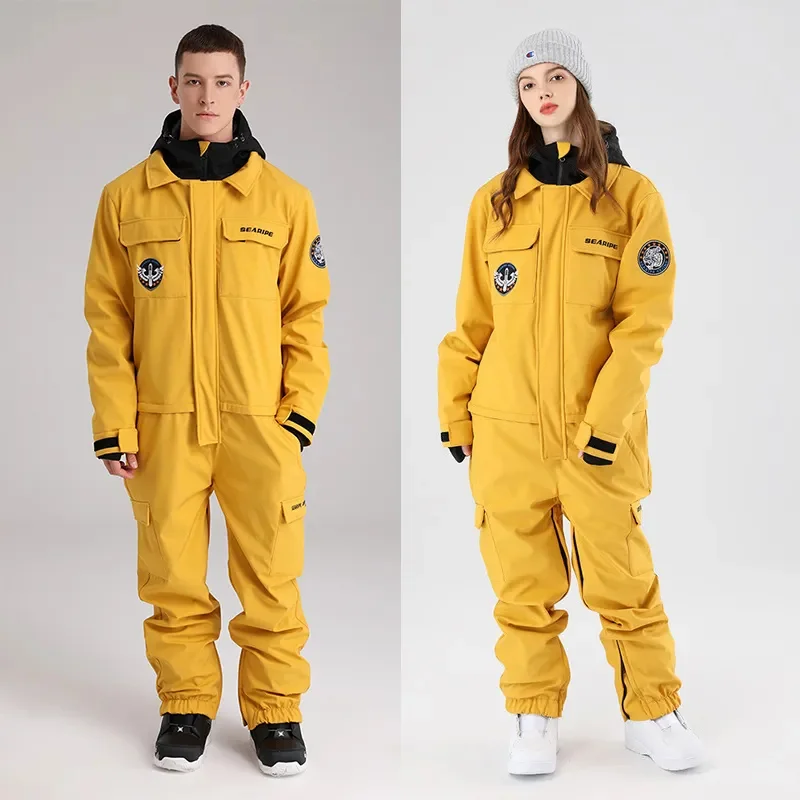 SEARIPE Waterproof Hooded Ski Set for Men and Women Snowboard Jacket One-Piece Overalls Warm Ski Set Outdoor Winter New 2024