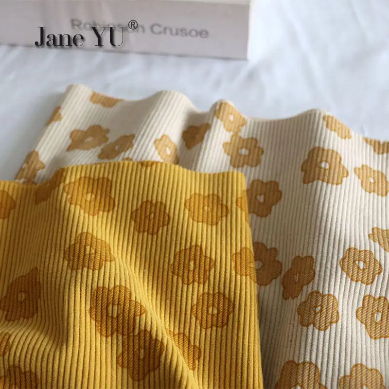 

JaneYU Beautiful Apricot Yellow Flower Printing Stripe Corduroy Spring Field Flower Clothing Fabric