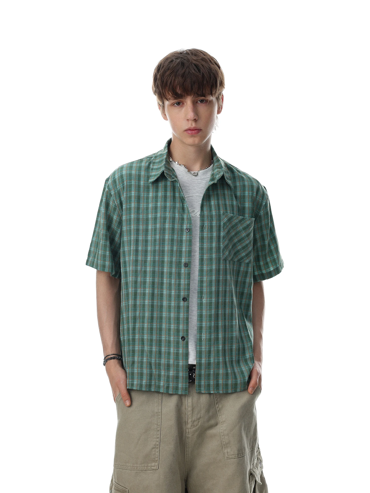 MRNEARLY American Retro Contrast Color Check Short Sleeve Men's Loose Fit Collared Shirt Versatile College Style Trendy Shirt