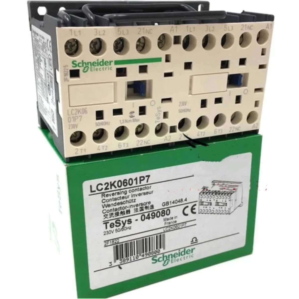 LC2K0601P7 6A, 230V, 50/60Hz reversing contactor - 3P - AC-3 = 440 V 6 A - 1 NC - 230 V AC coil