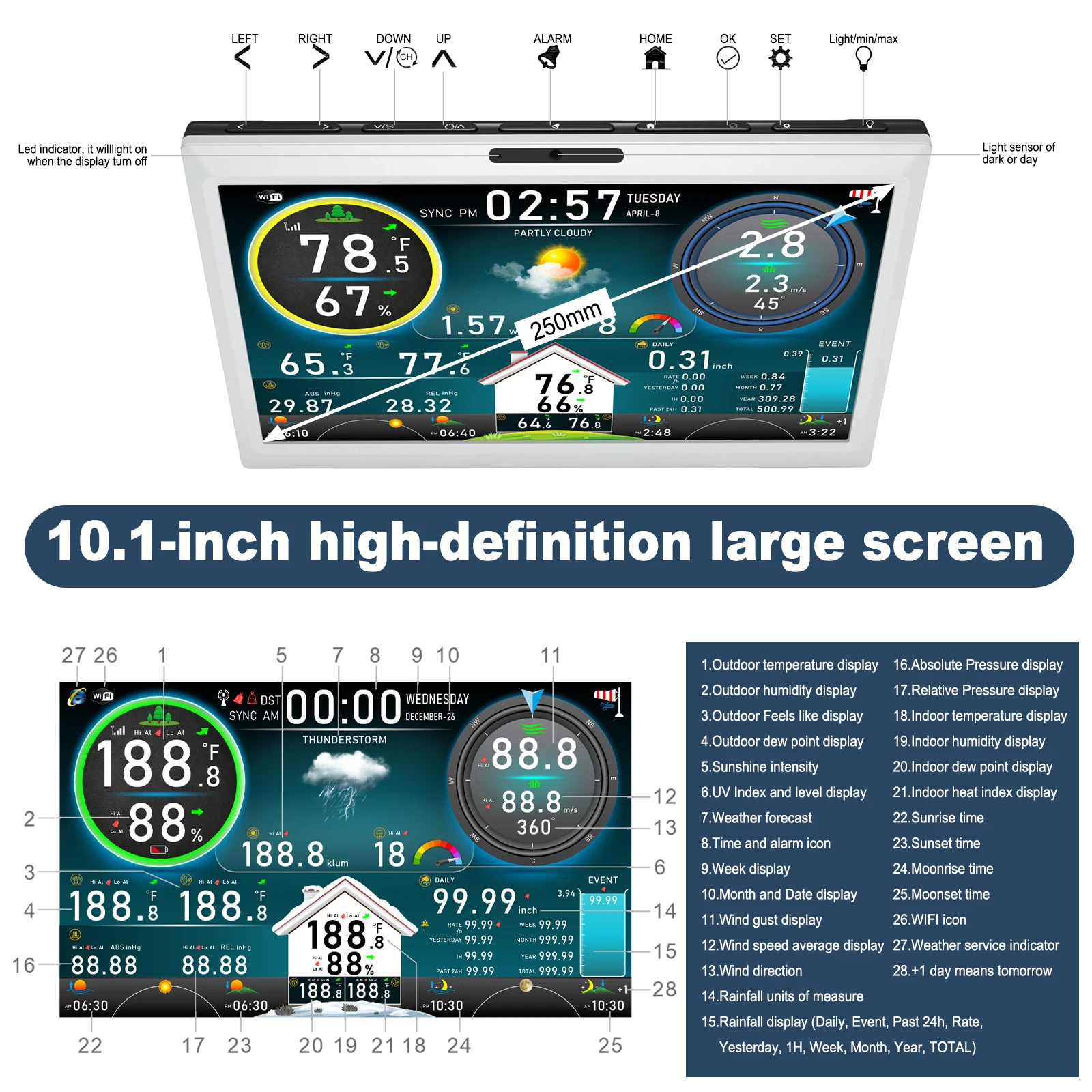 Estación meteorológica WiFi con pantalla HD TFT de 10,1 pulgadas, Sensor inalámbrico para exteriores con Control remoto Solar, alarma de marco de fotos Digital