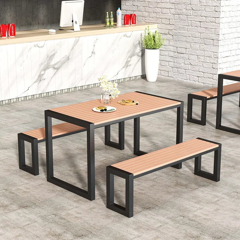 Custom café outdoor table custom commercial plaza food street rainproof dining table and chairs outdoor park long lounge table