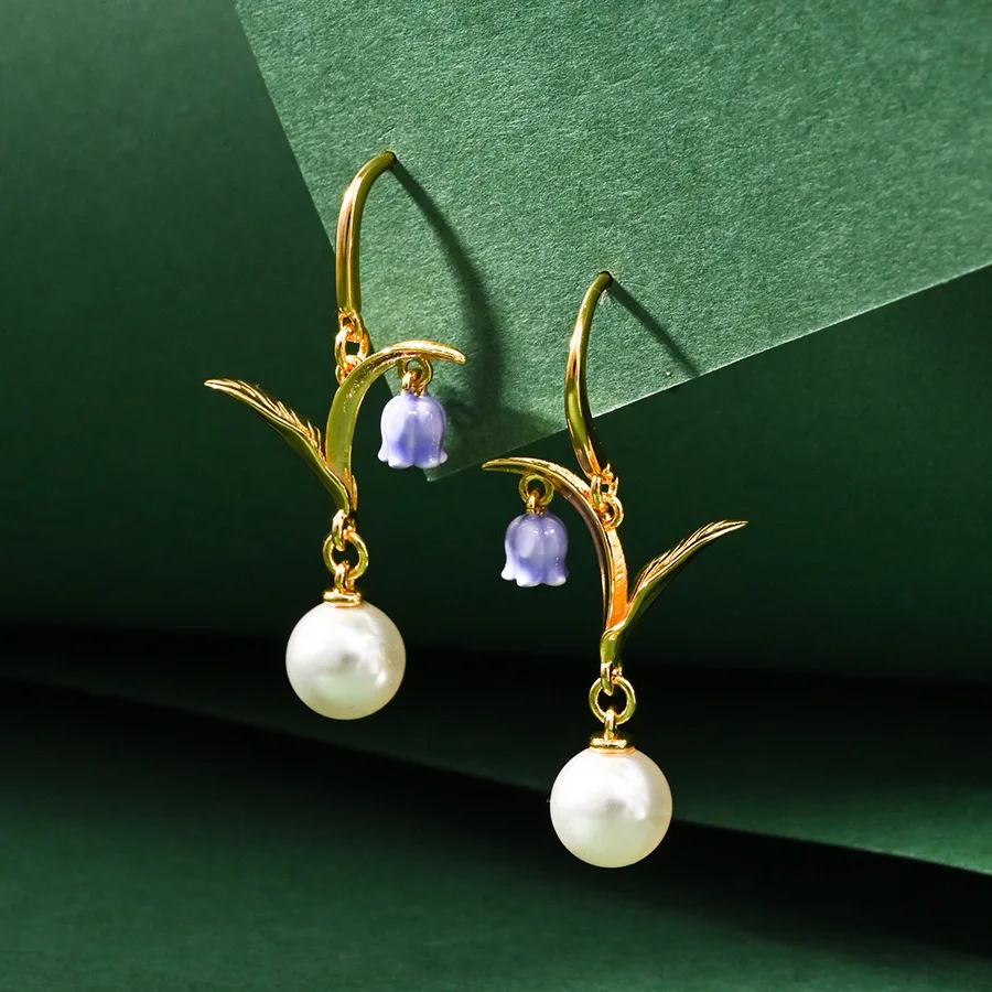 

2026 Spring Summer New Style Gentle Temperament Enamel Glaze Purple Lily of the Valley Flower Charms White Pearl Tassel Earrings