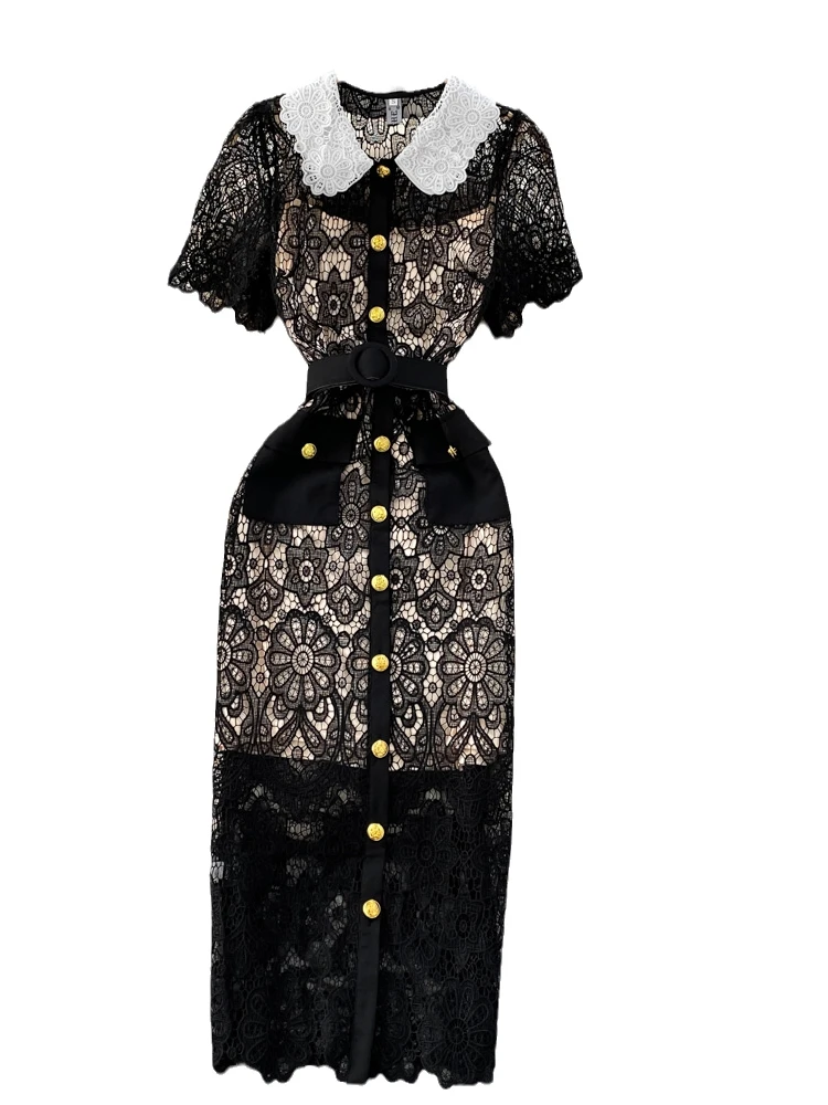 Ele ort Sve Doll Collar Slimming Hollow out Lace Dr High Waist Korean Sle Commute Pure Color Summer Midi Dr