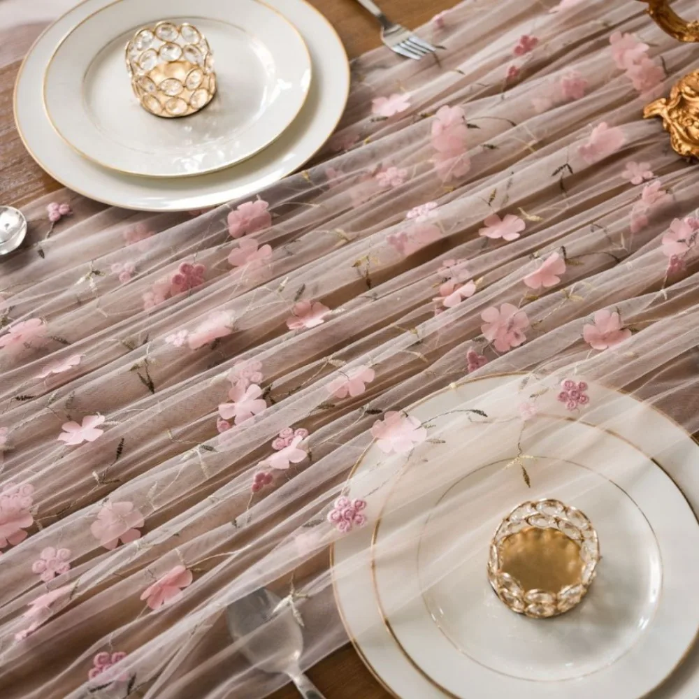 70x300CM Tulle Table Runner Polyester Lace Embroidered Lace Table Runner Floral Embroidery Sheer Floral Table Runner