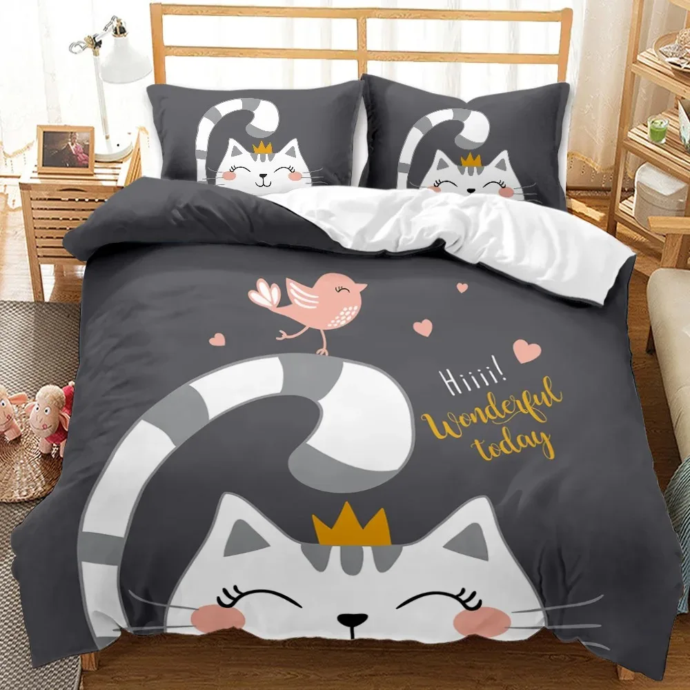 Kids Cat Duvet Cover Queen Size,Cartoon Kitten Sleeping on Crescent Moon Stars Night Dreams Polyester Comforter Cover for Kids