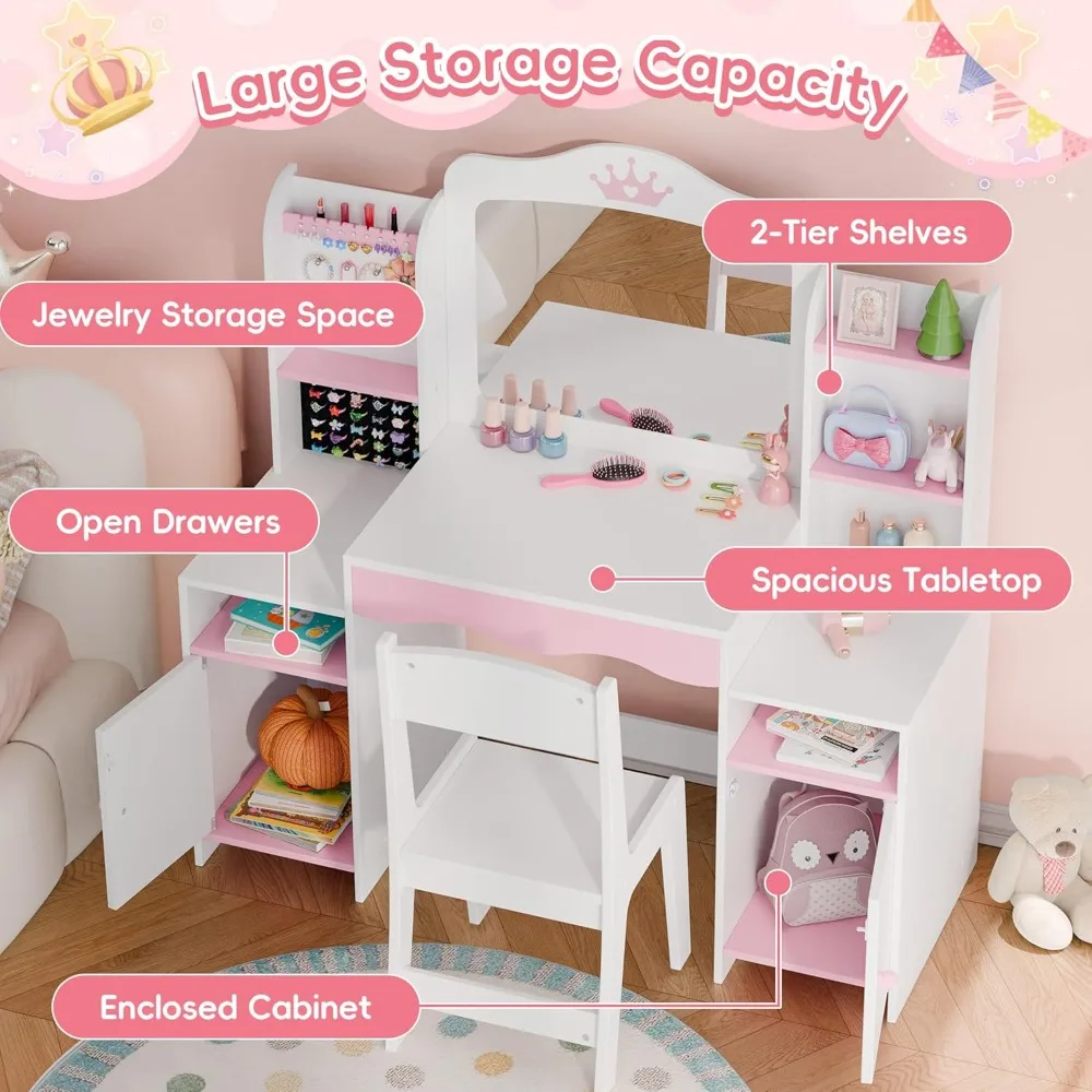 화장대, 거울과 스툴이 포함된 소녀용 화장대 세트, 보석 보관함이 있는 2 in 1 유아용 화장대, 나무 공주 화장대