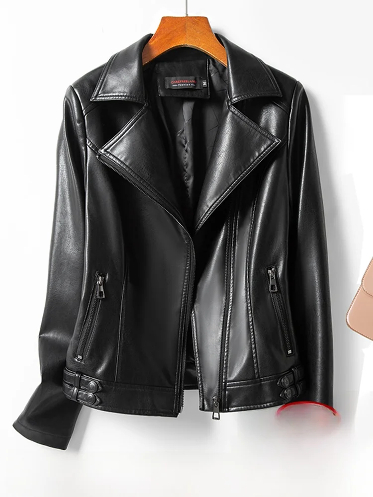 

Ning Genuine Leather Jaet Women's Spring Autumn ort Sle Motorcycle eepskin Coat Trendy Bla Small Size