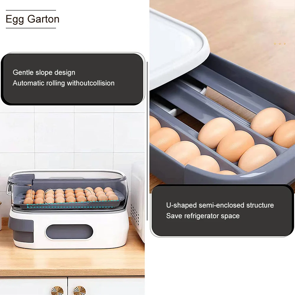 Rolling Egg Storage Box For Refrigerator Side Door For Egg Box Egg Rack Drawer Style Egg Storage Box Kitchen Preservation Box