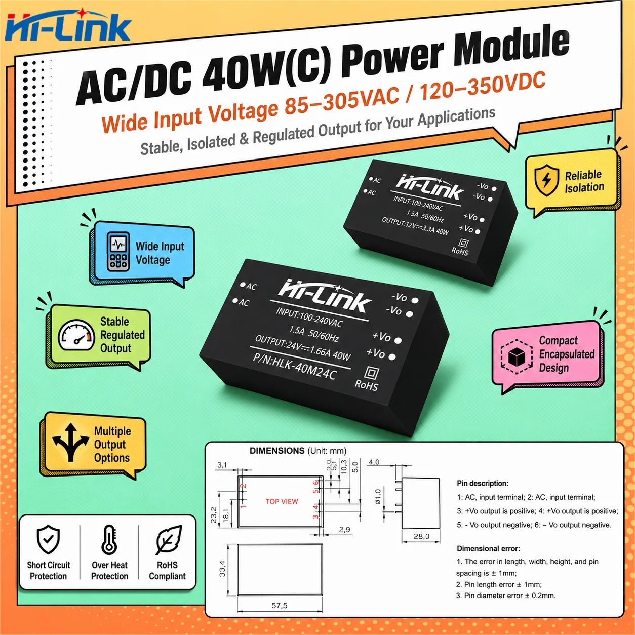 Hi Link HLK40M12C HLK40M24C 40W EMC Integrated Sealed Brick 85 To 305V AC Input 3000VAC Barrier Stabilized Buck Output