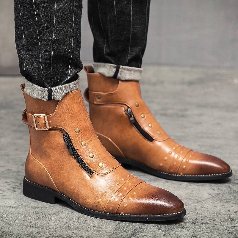 

Formal Red Yellow Chelsea Boots for Men Black Business Man Handmade Mens Short Boots Round Toe Slip-On Ankle Boots Free Shipping