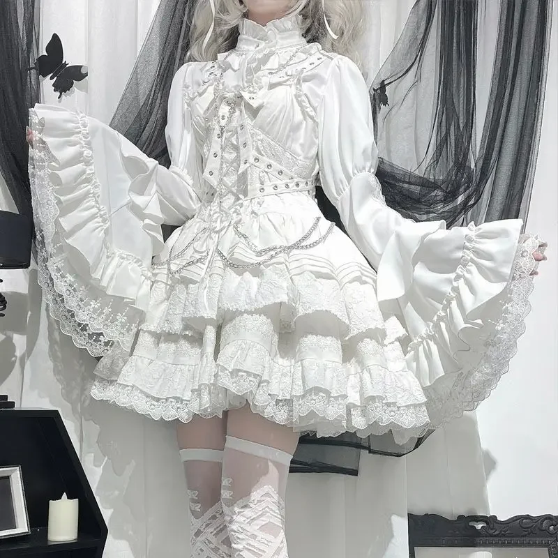 

Japanese Kawaii Victorian Vintage Top Gothic Y2k Lolita White Shirt Women Punk Sweet Ruffle Lace Flare Long Sleeve Blouses Black