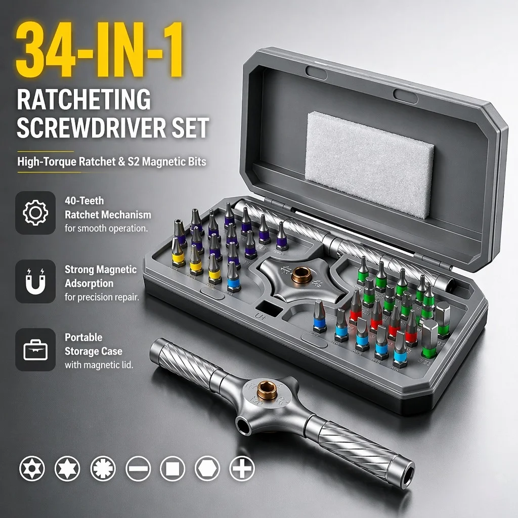 34-in-1 Ratchet Screwdriver Set Magnetic Handle Alloy Steel Bits Repair Tool Kit for Home Appliance Electronics DIY Work Tools