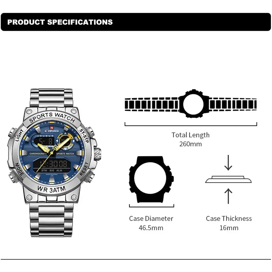 NAVIFORCE Men Military Watch Waterproof Wristwatch Dual Display Quartz Clock Sport Watch Male Big Watches Men Relogios Masculino