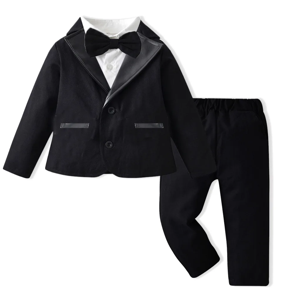 Boys Formal Velvet Suit Set Child Birthday Dress Wedding Party Photography Piano Recital Costume Kids Blazer Pants Bowtie Outfit