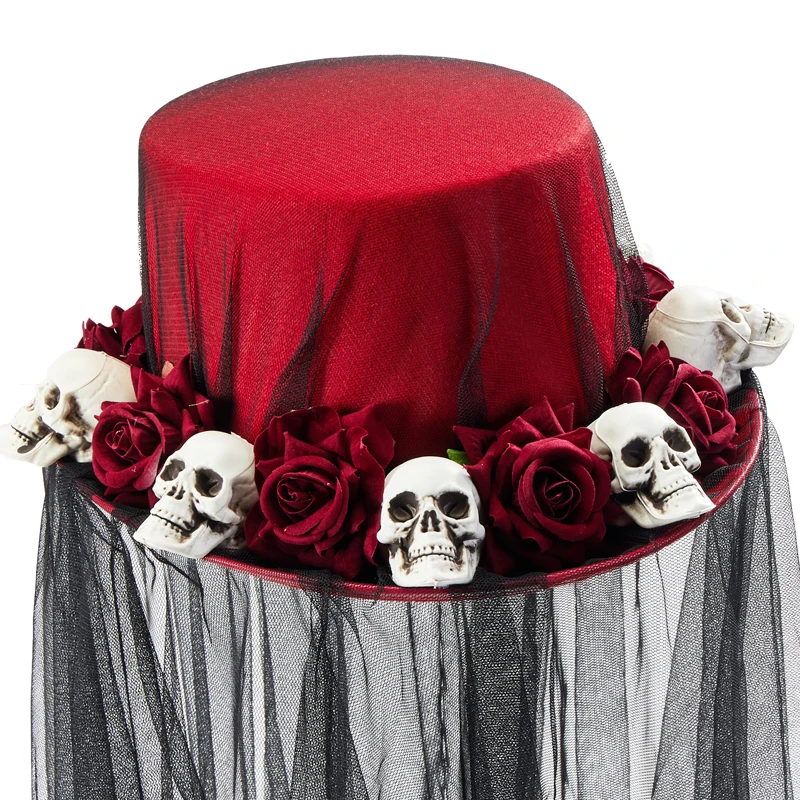 Handmade Black Veil Hat for Women Lolita Victorian Gothic Skull Rose Top Hat Party Fandy Dress Headwear