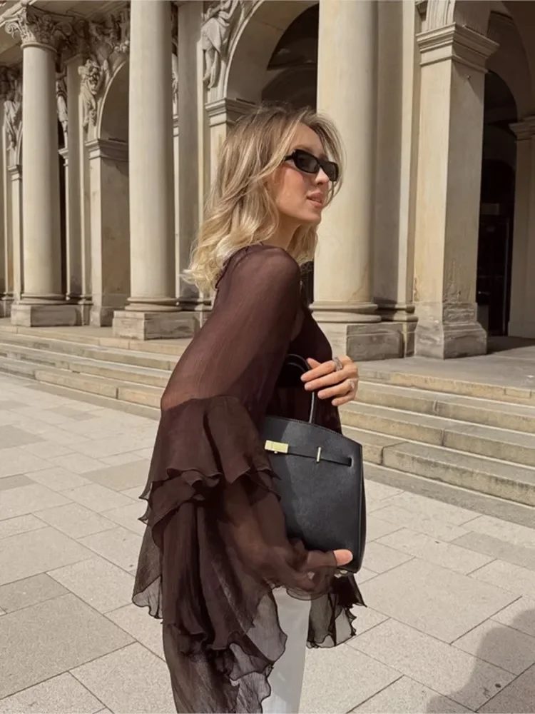 Chiffon Loose Shirt For Women Sexy See-Through Ruffles Sleeve Blouse 2025 New Summer Chic Fashion Solid Casual Round Neck Shirts