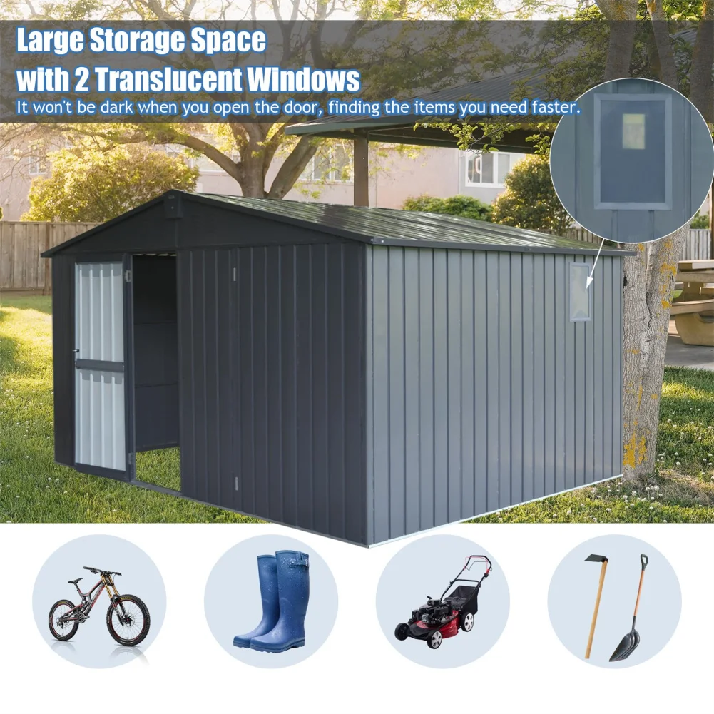 

11'x9' Outdoor Storage Shed With Galvanized Steel Frame Sloping Roof 2 Built-in Windows Metal Backyard Tool Storage Room