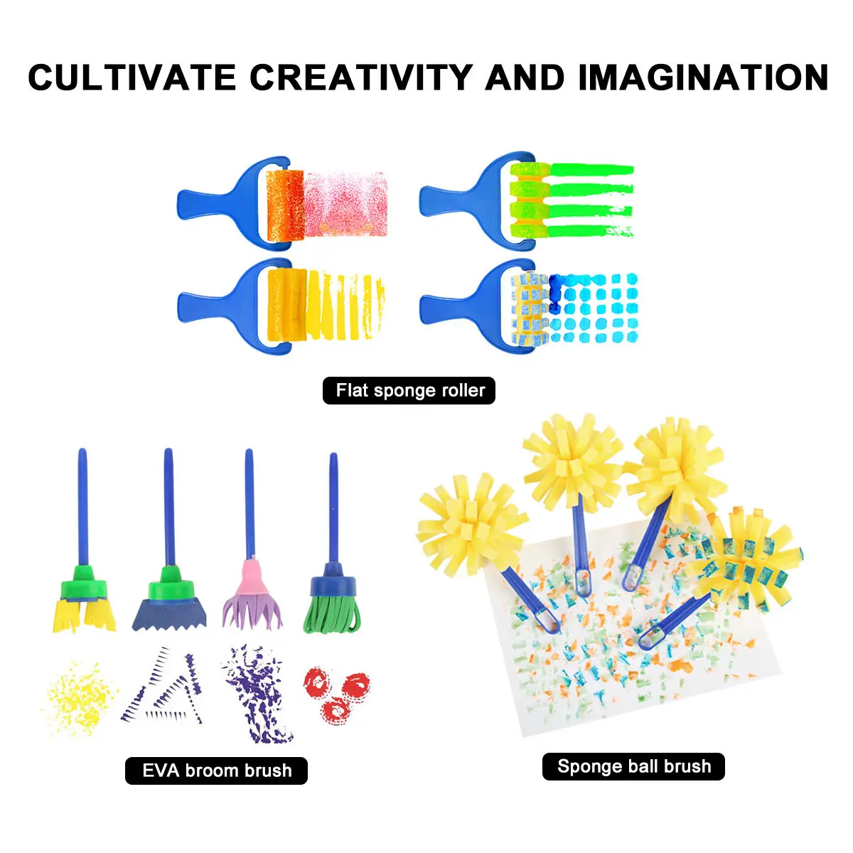 1Set Kids Sponge Paint Roller Brush Set Handle Included Creative Drawing Tools Large Area Painting DIY Art Supplies