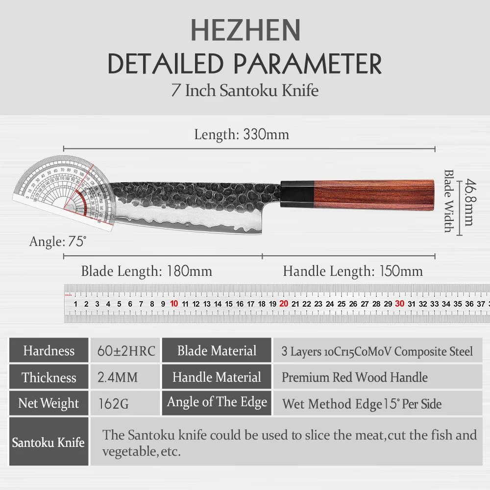 HEZHEN 7 Inches Santoku Knife 3 Layers Composite Steel High quality Rosewood handle Kitchen Accessories
