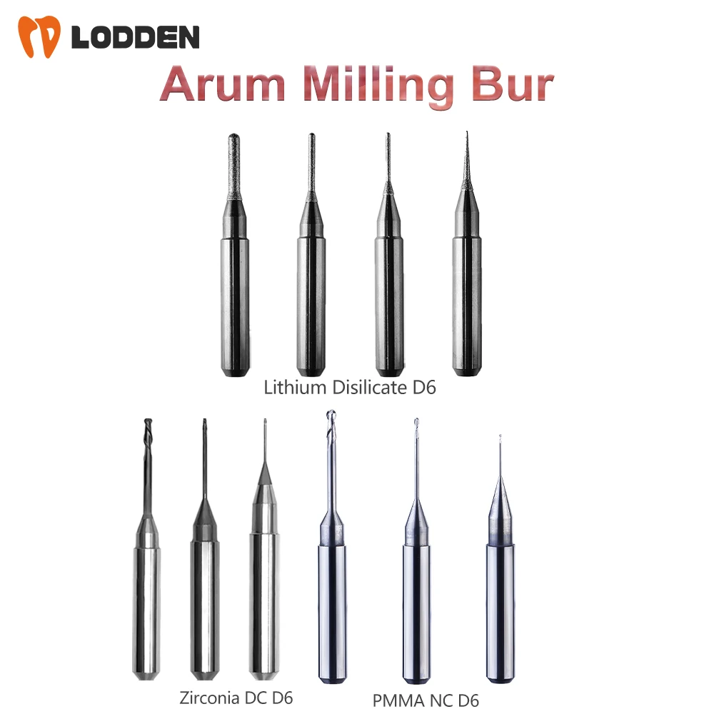 

ARUM Dental Milling Burs Grinding Zirconia/PMMA/Lithium Disilicate D6 Shank 50mm Length 2.0/1.0/0.6mm Dental Grinding Tool