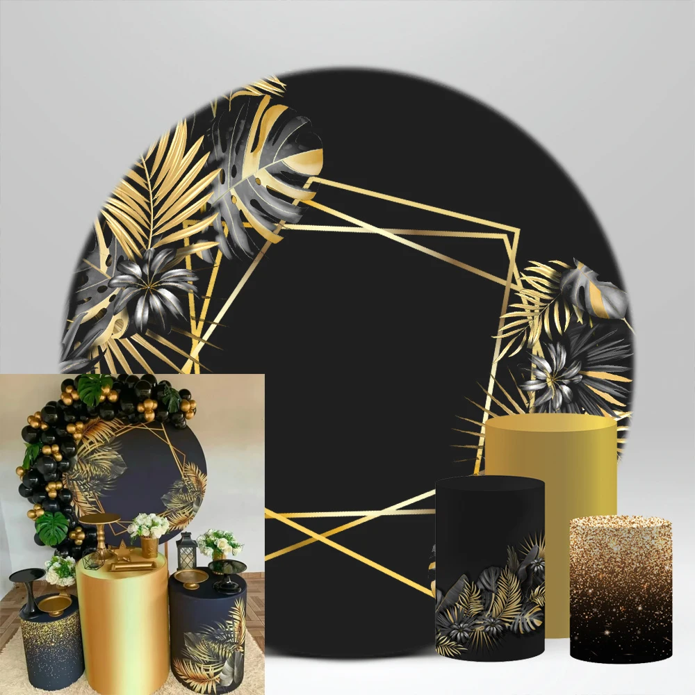 

Black Gold Glitter Round Backdrop for Birthday Party Golden Sparkle Dots Palm Leaves Decoration Circle Round Props NO-171