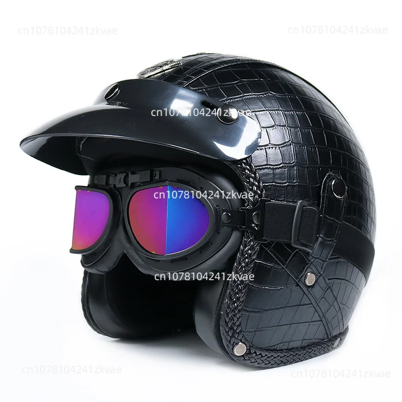 Helmet Male Electric Car Bow Retro Machine Handmade PU Leather 3/4 Half Helmet Four Seasons Female Grey Crown Prince Adul