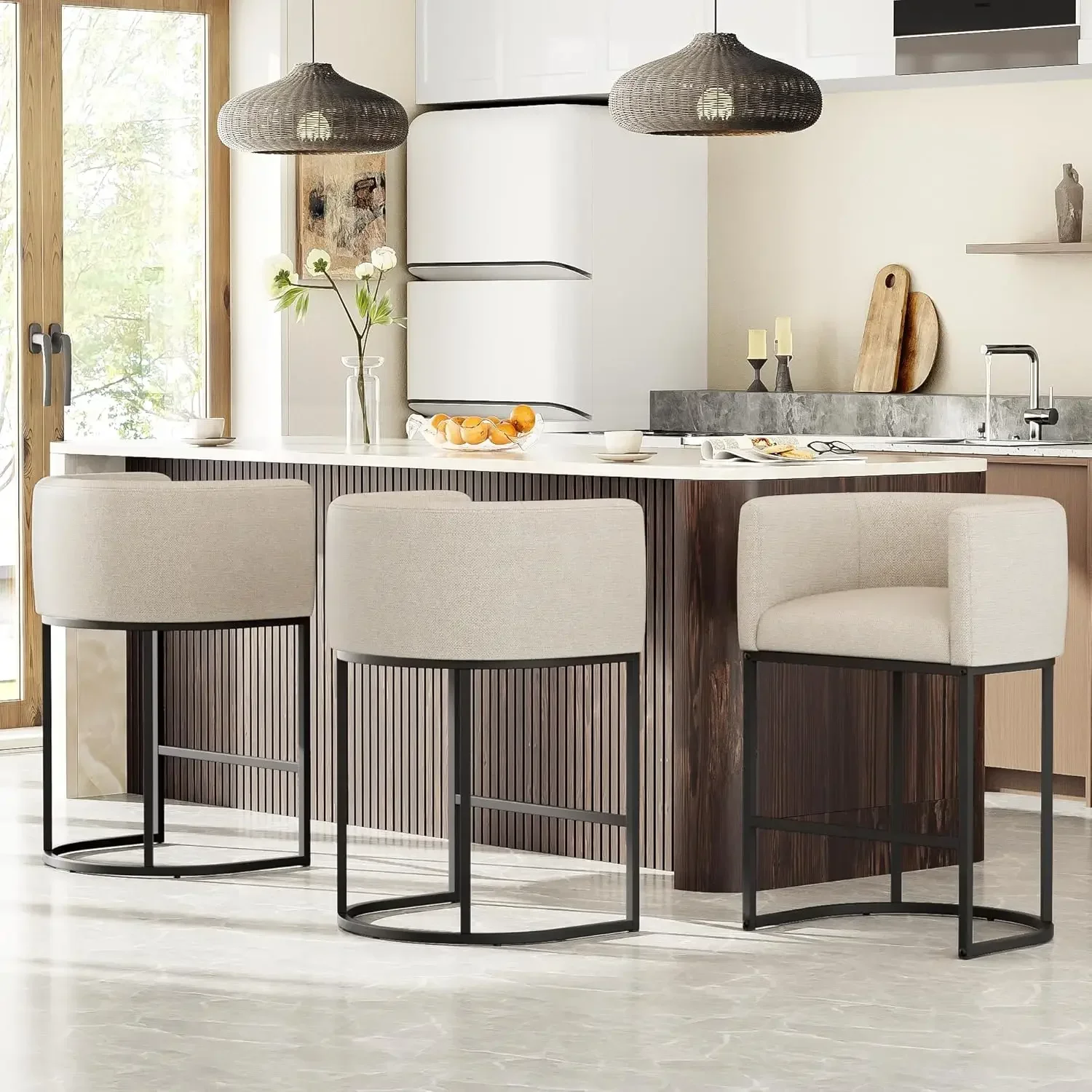 

Set Of Three 26 Inch Counter Height Bar Stools Modern Barrel Linen Fabric Upholstered Stools For Kitchen Island Support 450 Lbs