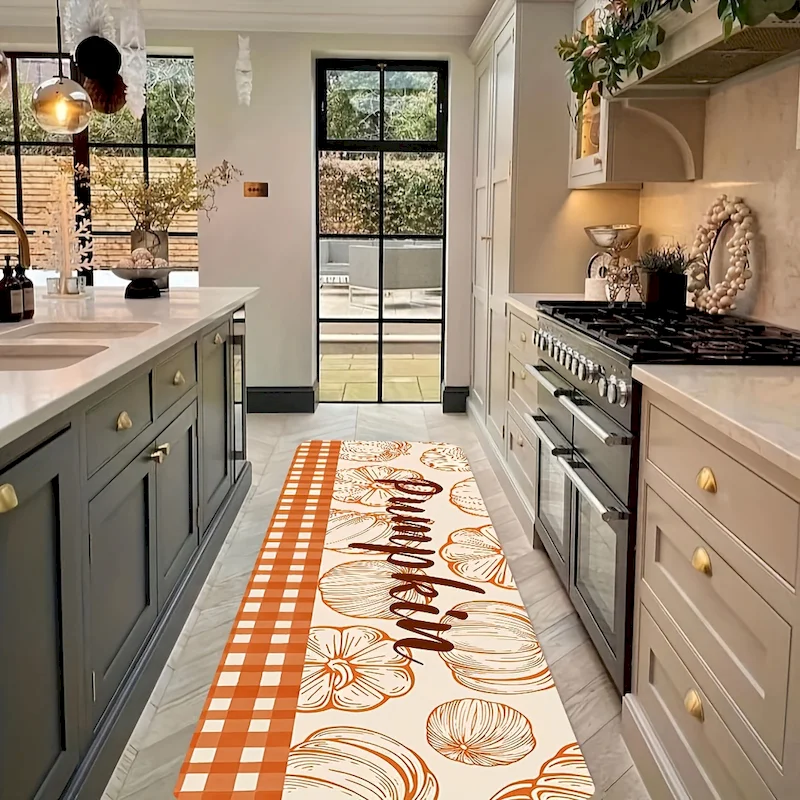 VIKAMA Halloween Minimalist Pumpkin Line Carpet, Entrance Soft Carpet Kitchen Absorbent Non Slip Floor Mat Home Decoration