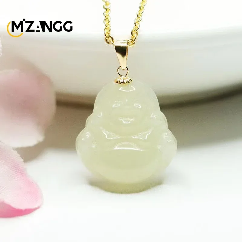 18k Gold Inlaid Natural Hetian Jade Buddha Gong Pendant Hand-carved Luxury Charm Jewelry for Men and Women Lucky Amulets