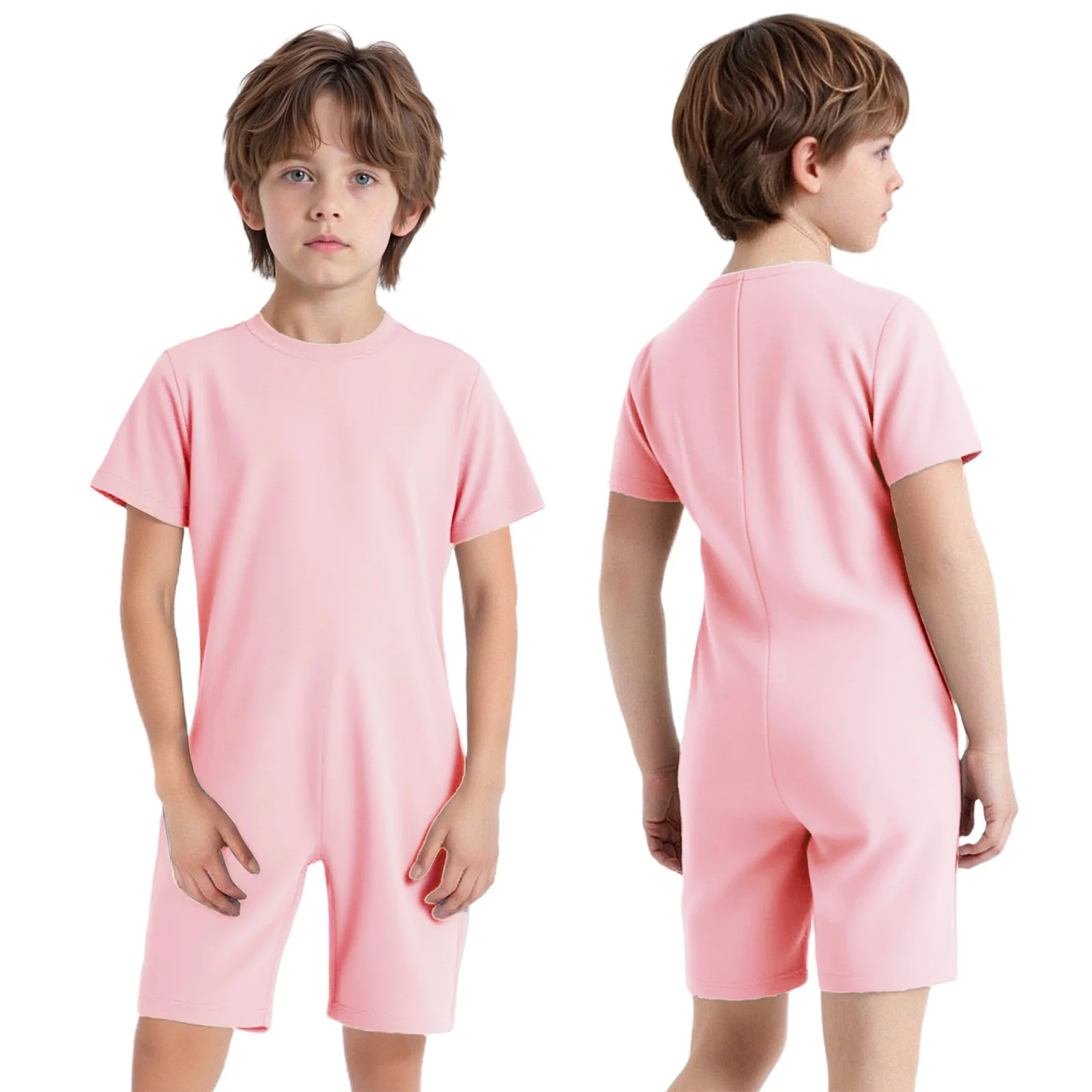 Kids Special Needs Adaptive Clothing Round Neck Short Sleeve Back Invisible Zipper Solid Color Jumpsuit image 4