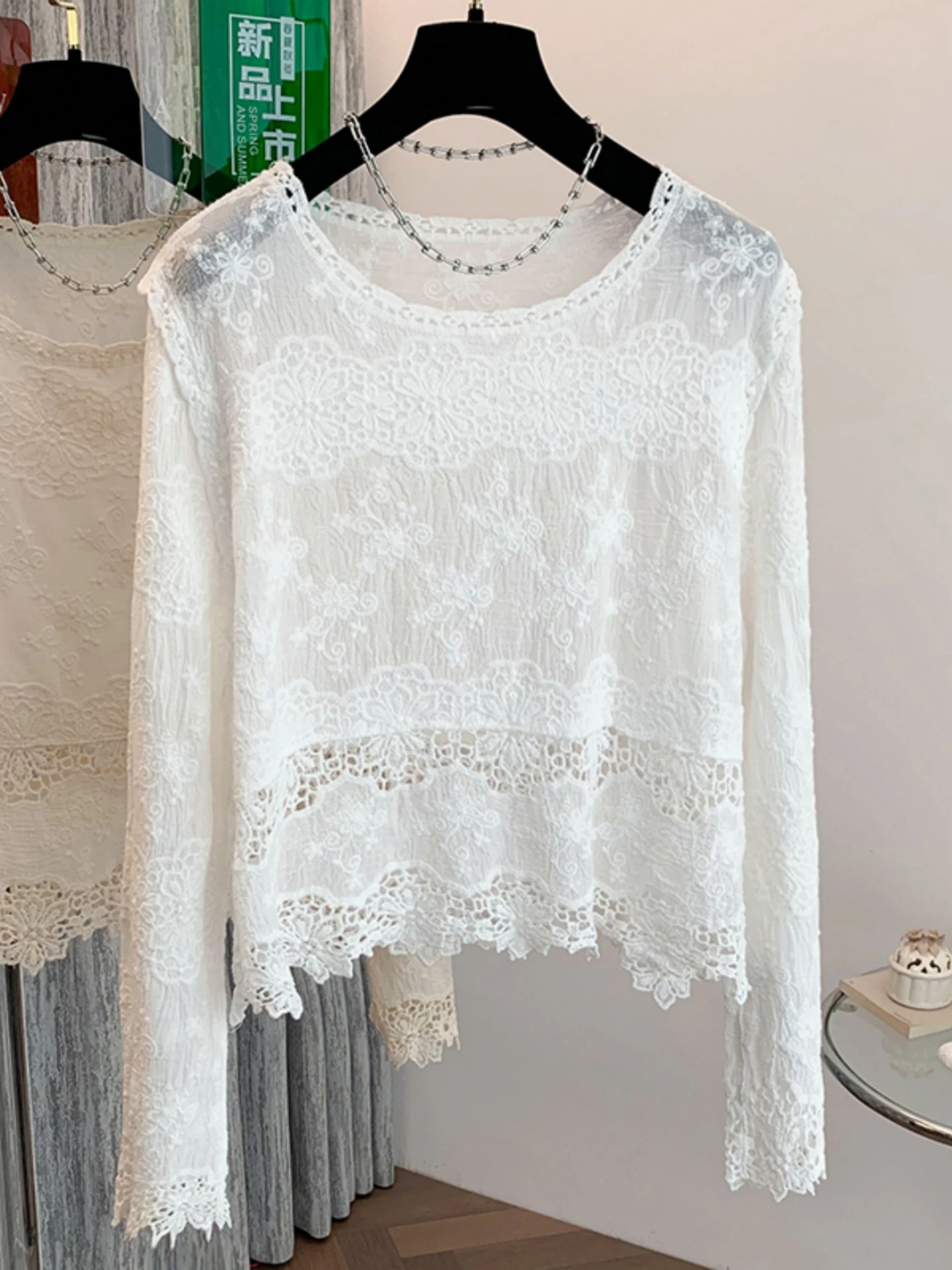 

Lace Hollow out Long Sleeve Base Shirt Women Early Spring plus Size Slimming Short Top Korean Style Commute Fashion