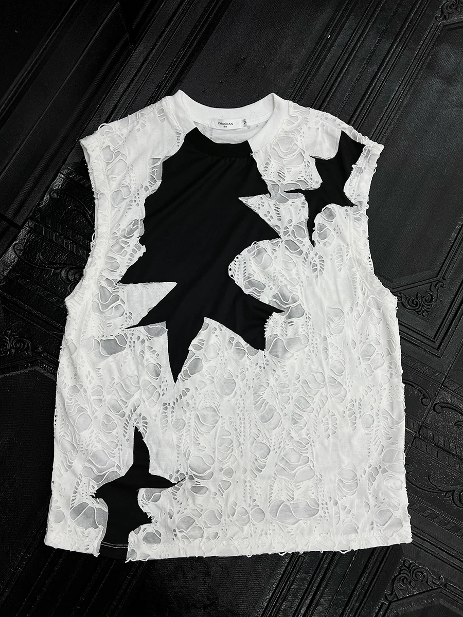 2025 Summer New Trendy Contrast Color Camiseta Masculina Personalized Hole Splicing Sleeveless Vests Men's Handsome Tank Tops